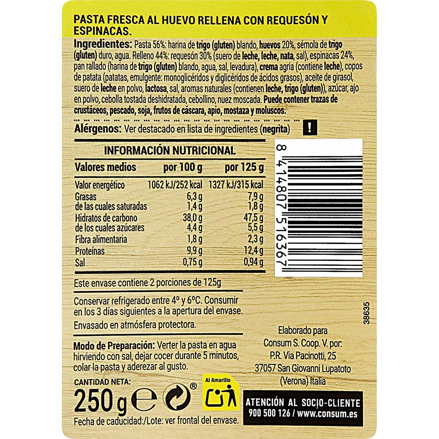 Tortellini Relleno Requesón y Espinacas